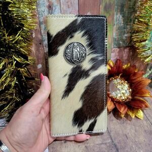 Virgen De Guadalupe Mens Wallet Long Bifold, Genuine Leather Cowhair Wallet
